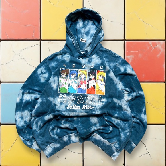 Sailor Moon Y2K Hoodie Sweatshirt Blue Tie Dye Manga Anime Graphic Pullover XL - Picture 1 of 11